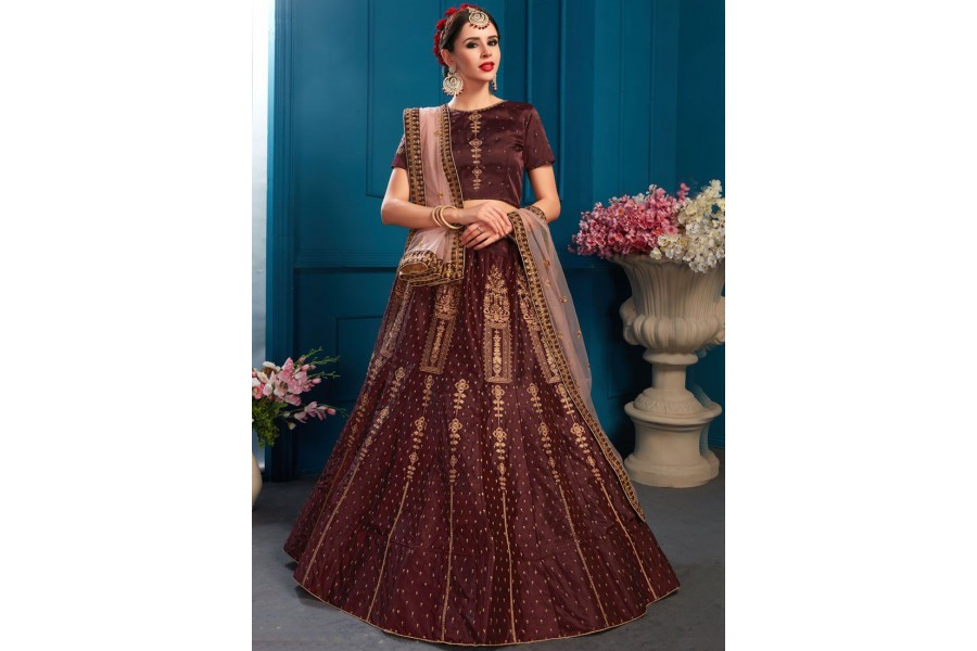 Brown Silk Handmade Bridal Lehenga For Royal Wedding – FOURMATCHING