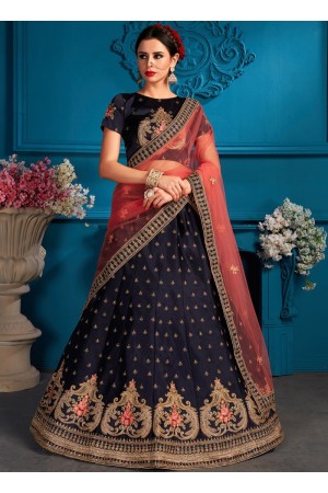 Navy blue satin silk Indian Wedding Lehenga choli 1708