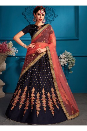 Navy blue satin silk Indian Wedding Lehenga choli 1709