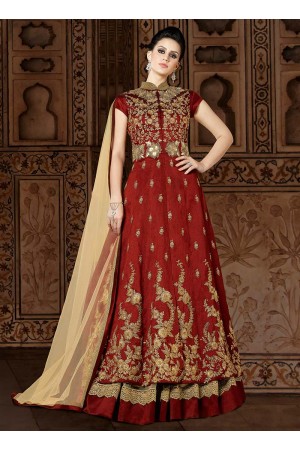 Maroon color silk wedding anarkali