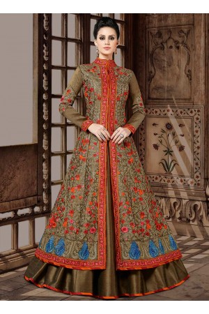 Brown green silk wedding anarkali