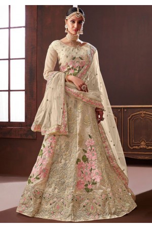 Beige Pure organza silk Indian wedding lehenga