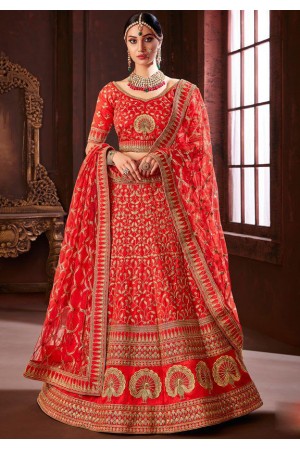 Red color pure soft silk Indian wedding lehenga