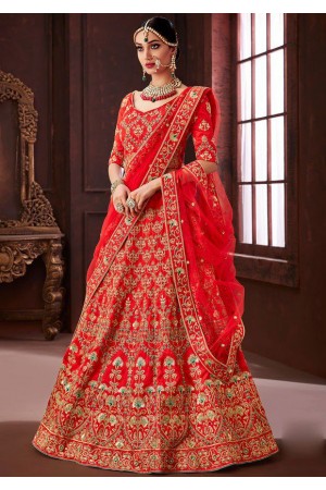 Red color pure soft silk Indian wedding lehenga