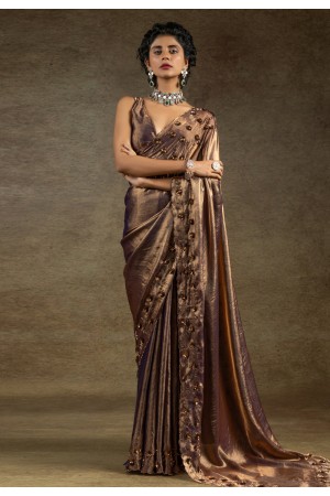 Brown satin silk saree with blouse 8120