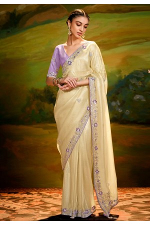 Cream organza saree with blouse 5383