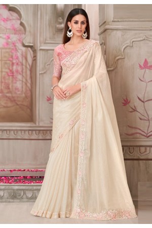 Cream satin silk saree with blouse 31003