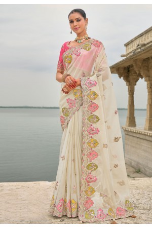 Cream viscose jacquard saree with blouse 7207
