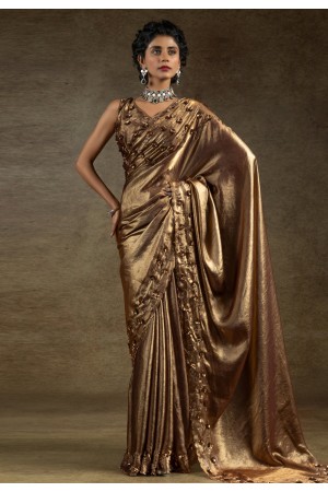 Golden satin silk saree with blouse 8118