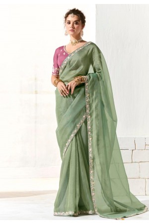Green organza saree with blouse 2216