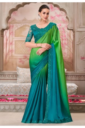 Green satin chiffon half n half saree 31013