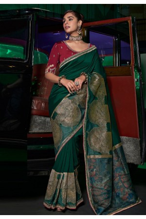 Green silk saree with blouse 7302