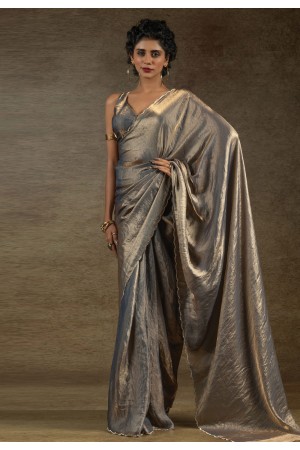 Grey satin silk saree with blouse 103B