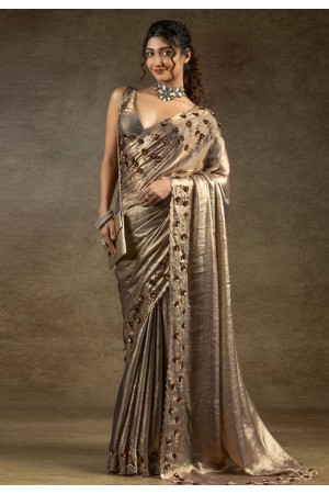 Grey satin silk saree with blouse 8117