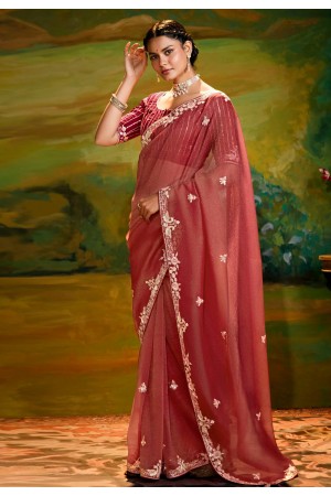 Maroon organza saree with blouse 5391