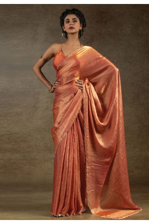 Orange satin silk saree with blouse 103C