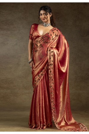 Peach satin silk saree with blouse 8119