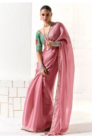 Pink organza saree with blouse 2224
