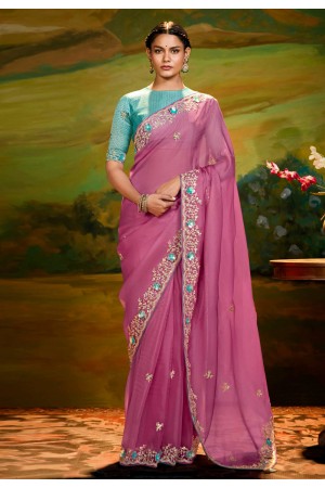 Pink organza saree with blouse 5382