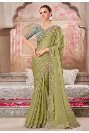 Pista green silk chiffon saree with blouse 31016