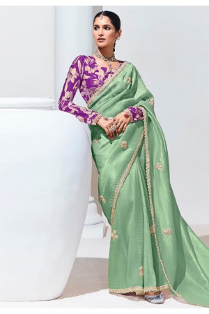 Pista green tissue saree with blouse 2131E
