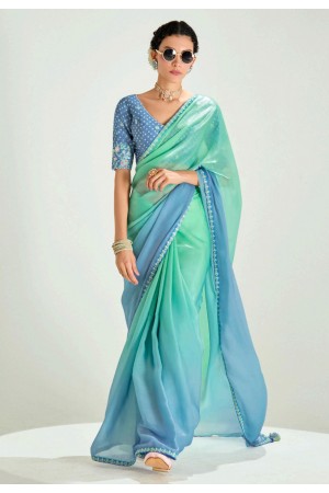 Sea green organza saree with blouse 2242