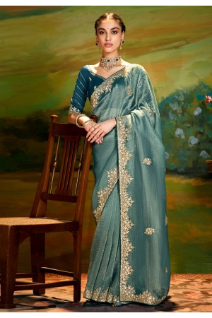 Sea green organza saree with blouse 5387