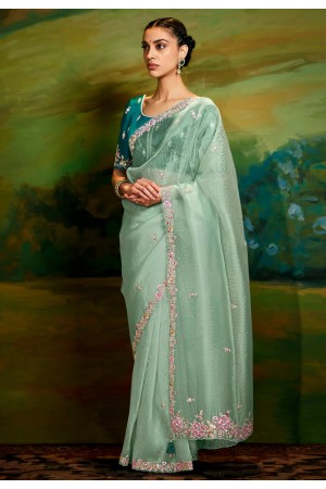 Sea green organza saree with blouse 5390