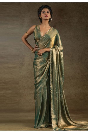 Sea green satin silk saree with blouse 103E