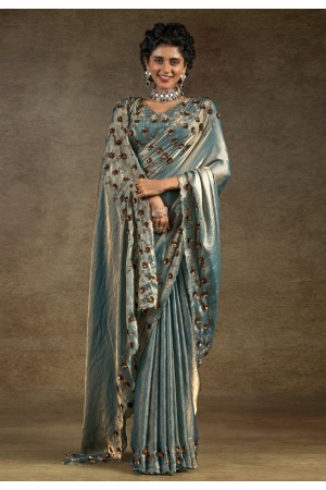 Sea green satin silk saree with blouse 8116