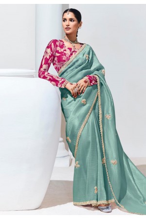 Sea green tissue saree with blouse 2131C