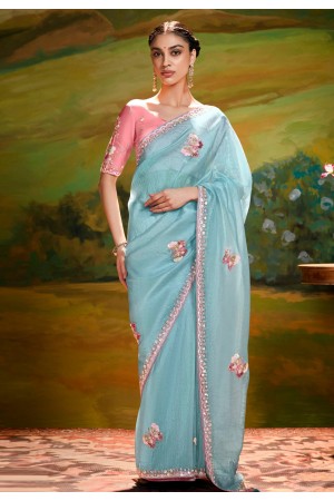 Sky blue organza saree with blouse 5392