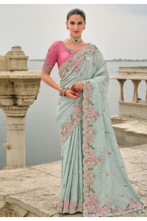 Sky blue viscose jacquard saree with blouse 7205