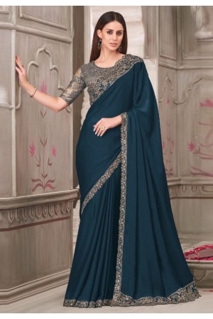 Teal satin georgette saree with blouse 31015