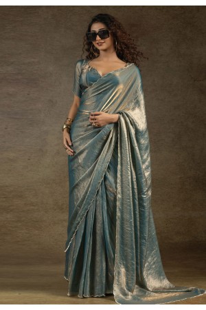 Teal satin silk saree with blouse 103D