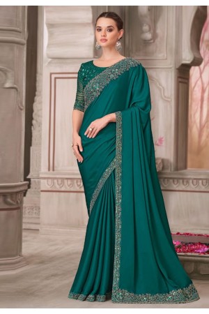 Teal satin silk saree with blouse 31004