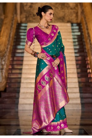 Teal silk saree with blouse 820004