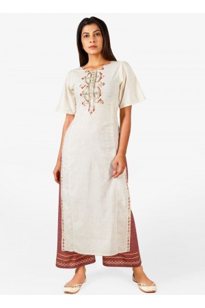 Off white cotton casual wear embroidered Kurti Palazzo