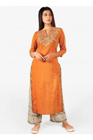 Orange cotton casual wear embroidered Kurti Palazzo