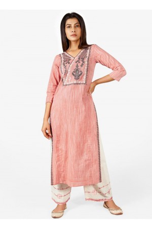 Peach cotton casual wear embroidered Kurti Palazzo