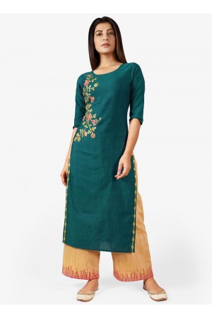 Turquoise cotton casual wear embroidered Kurti Palazzo