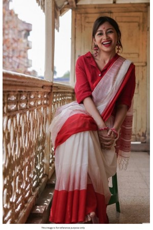 Bollywood Model White and Red Bengali saree