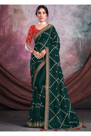 Net Organza Saree with blouse in Green color