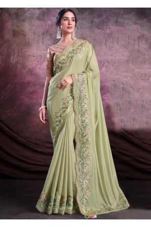 Shimmer silk georgette Saree with blouse in Pista green color