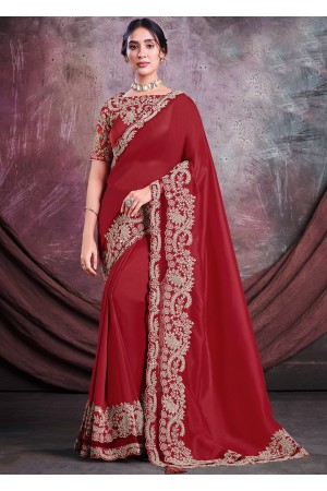 Satin silk Wedding Saree with blouse in Red color