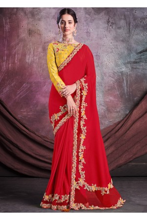 Satin silk Wedding Saree with blouse in Red color