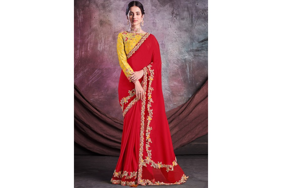 Red & Rose Gold Digital Print Satin Silk Saree
