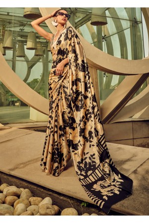 Digital Print satin saree in Beige color 1405