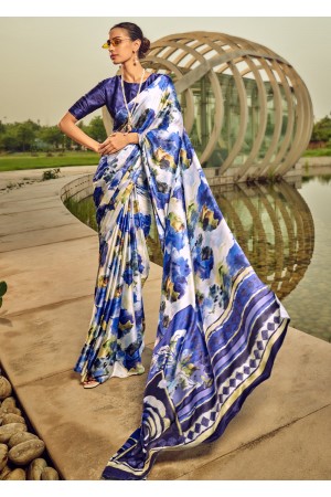 Digital Print satin saree in white and blue color 1410