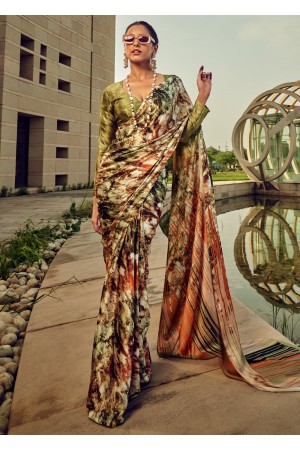 Digital Print satin saree in Mehandi color 1401